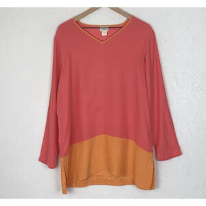 VTG NEIMAN MARCUS 90s Silk Tunic Top Sz XL (44") Coral Orange Colorblock V-Neck